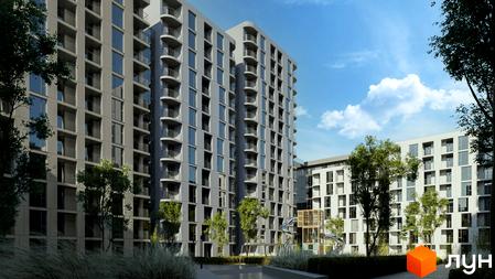 Житловий комплекс PORTO FRANKO: сірі багатоповерхові будинки з балконами та великими вікнами, зелена прибудинкова територія з деревами та дитячим майданчиком.