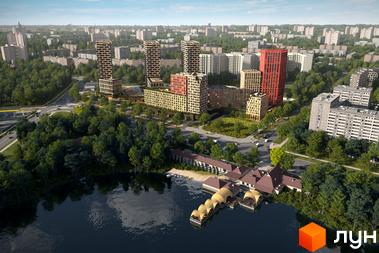 Зображення Житлового комплексу Brother з висоти пташиного польоту. На фото видно багатоповерхові будинки та зелену прибудинкову територію.