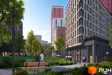 Зображення Житлового комплексу Brother з багатоповерховими будинками та пішохідною зоною з лавками.