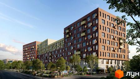 Зовнішній вигляд новобудови Father з коричневим фасадом та жовтими балконами на тлі блакитного неба та зеленої прибудинкової території з деревами та квітами.