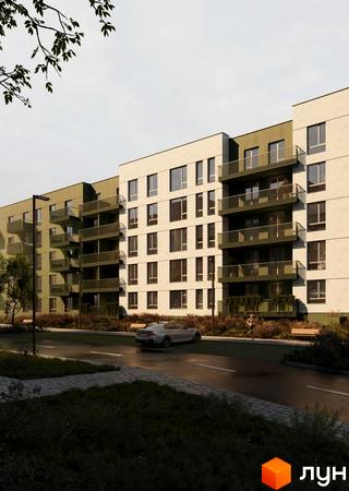 Житловий комплекс Смарагд. Зовнішній вигляд новобудови з балконами та вікнами. Прибудинкова територія з дорогою, деревами та лавками.