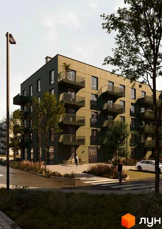 Житловий комплекс Смарагд. Сучасна багатоповерхова будівля з балконами та прибудинковою територією з деревами та пішохідним переходом.