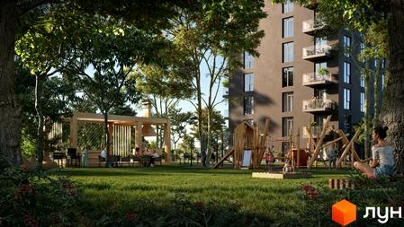 Житловий комплекс Kaiser Forest. На території комплексу розташований дитячий майданчик та зона відпочинку з альтанкою. Будинок має багато балконів.