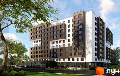 Новобудова ЖК Гармонія з темними та білими фасадами, великою кількістю вікон та балконів. Навколо будинку зелена територія з деревами, газонами та доріжками.