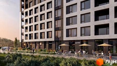 Зовнішній вигляд новобудови ЖК CONTINENT STREET з вікнами та балконами, поруч розташовані кафе та зелена зона з пішохідною доріжкою та людьми.