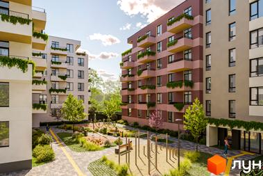 Зовнішній вигляд житлового комплексу MHouse з фасадами рожевого та бежевого кольору, зелені балкони та дитячий майданчик з спортивними елементами на прибудинковій території.