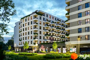 MHouse - житловий комплекс з білими фасадами та балконами, що виступають, оточений зеленою прибудинковою територією з деревами та освітленням.